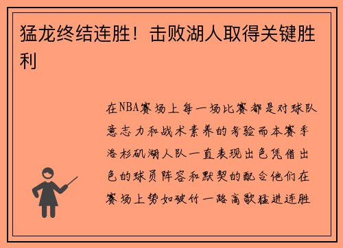 猛龙终结连胜！击败湖人取得关键胜利