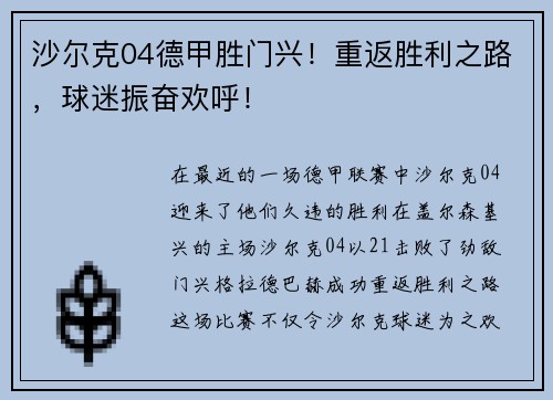 沙尔克04德甲胜门兴！重返胜利之路，球迷振奋欢呼！