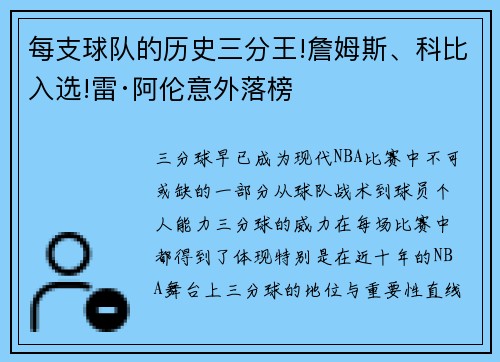 每支球队的历史三分王!詹姆斯、科比入选!雷·阿伦意外落榜