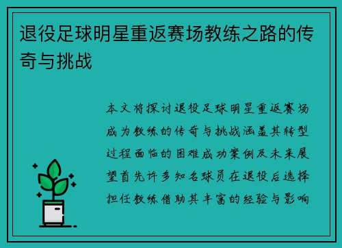 退役足球明星重返赛场教练之路的传奇与挑战